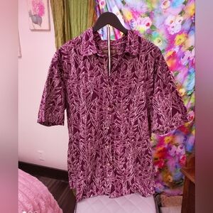 Men's Burgundy Leaf Pattern Casual Shirt